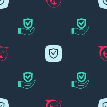 Set Umbrella, Shield and in hand on seamless pattern. Vector Stock Illustration