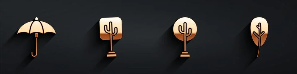 Set Umbrella, Tree, Tree and Leaf or leaves icon with long shadow. Vector Stock Illustration