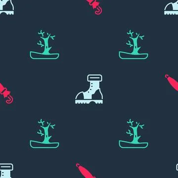 Set Umbrella, Waterproof rubber boot and Bare tree on seamless pattern. Vector イラスト素材