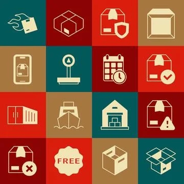Set Unboxing, Delivery security with shield, ackage check mark, Scale, Mobile Illustrazione stock