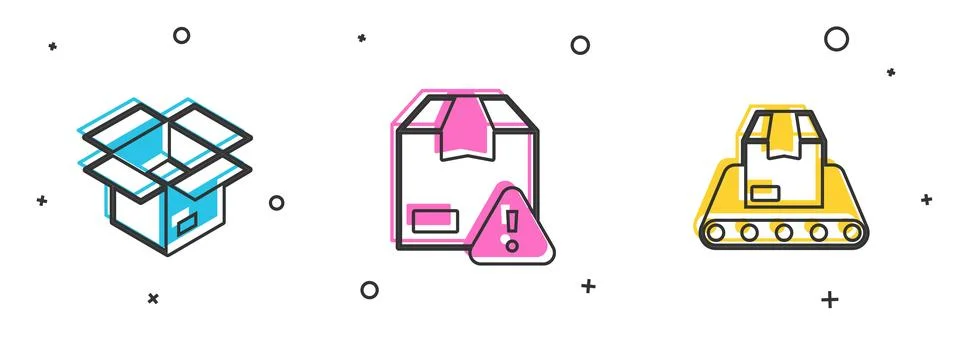 Set Unboxing, Delivery security with shield and Conveyor belt icon. Vector Stock Illustration