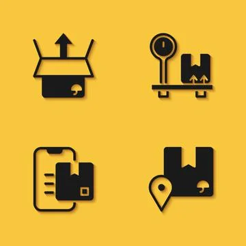 Set Unboxing, Location with cardboard, Document tracking marker and Scale icon Illustrazione stock