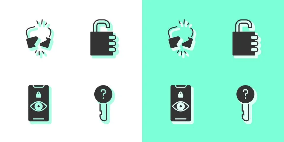 Set Undefined key, Broken or cracked lock, Eye scan and Safe combination icon Stock Illustration