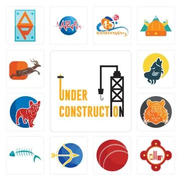 Set of under construction, fire station, cricket ball, sagittarius, fish skel Free Stock Illustration