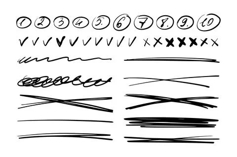 Set of underline lines, scribbles with pen, marker, numbers from 1 to 10, cro Illustrazione stock