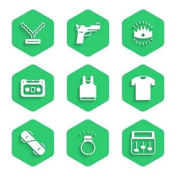 Set Undershirt, Diamond ring, Drum machine music, T-shirt, Skateboard, Retro Stock Illustration
