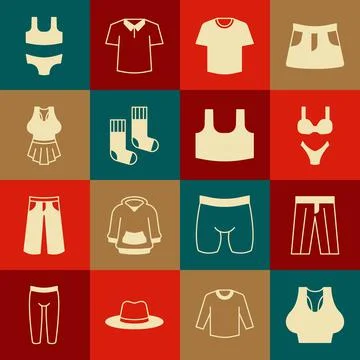 Set Undershirt, Pants, Swimsuit, T-shirt, Socks, and icon. Vector Stock Illustration