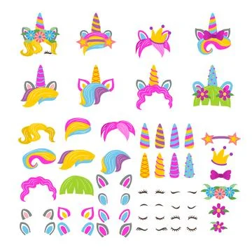 Set of Unicorn creation kit of cute cartoon unicorn character illustration... Illustrazione stock