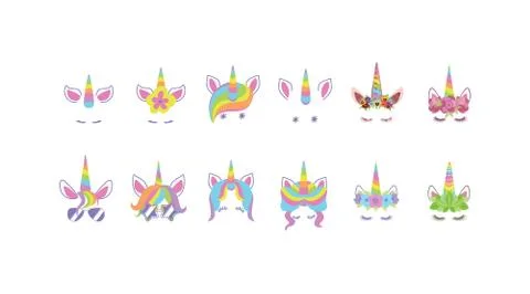 Set unicorn faces for photo decotation. Stock Illustration