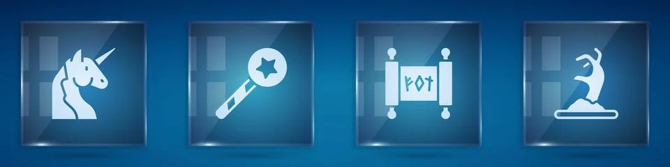 Set Unicorn, Magic wand, scroll and Zombie hand. Square glass panels. Vector 스톡 일러스트