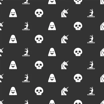 Set Unicorn, Zombie hand, Ghost and Skull on seamless pattern. Vector Stock Illustration