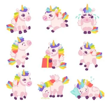 Set of unicorns in different poses, flat cartoon vector illustration isolated Stock Illustration