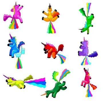 Set Unicorns smiling pooping a rainbow, fantasy cute character beast Stock Illustration
