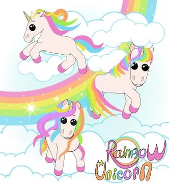 Set of unicorns. three small unicorns with iridescent hair against the sky wi Stock Illustration