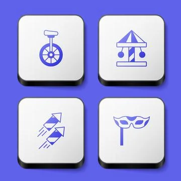 Set Unicycle, Attraction carousel, Firework rocket and Festive mask icon. W.. Stock Illustration