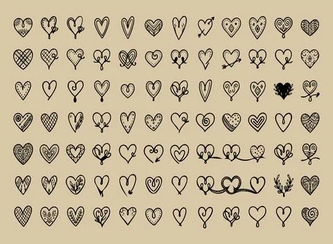 Set of unique doodle hearts for valentines day, hand drawn love symbols Stock Illustration