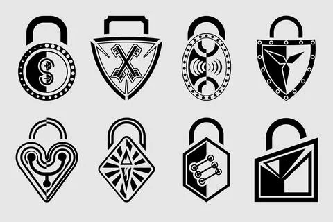 Set of Unique Padlock Designs, Security and Protection Symbols, Black and Wh Illustrazione stock