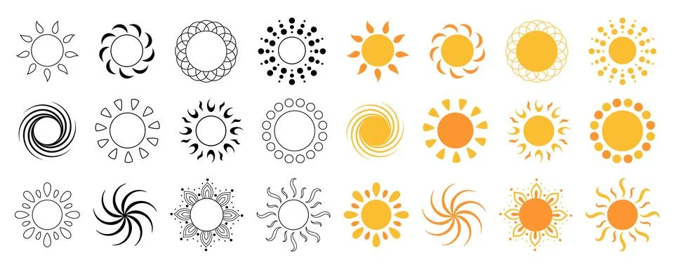 Set of unique sun illustrations in various styles Stock Illustration