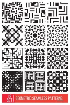 Set of Universal different geometric seamless patterns, monochro Stock Illustration