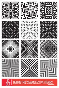 Set of Universal different geometric seamless patterns, monochro 스톡 일러스트