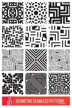Set of Universal different geometric seamless patterns, monochro 스톡 일러스트