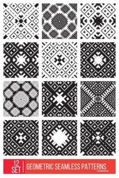 Set of Universal different geometric seamless patterns, monochro 스톡 일러스트