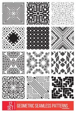 Set of Universal different geometric seamless patterns, monochro 스톡 일러스트