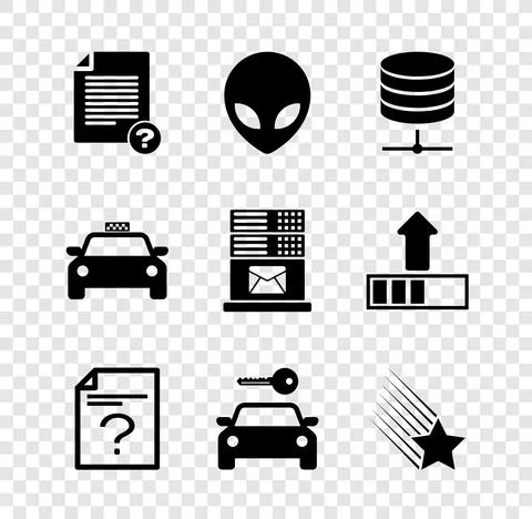 Set Unknown document, Alien, Server, Data, Web Hosting, , Car rental and Falling Stock Illustration