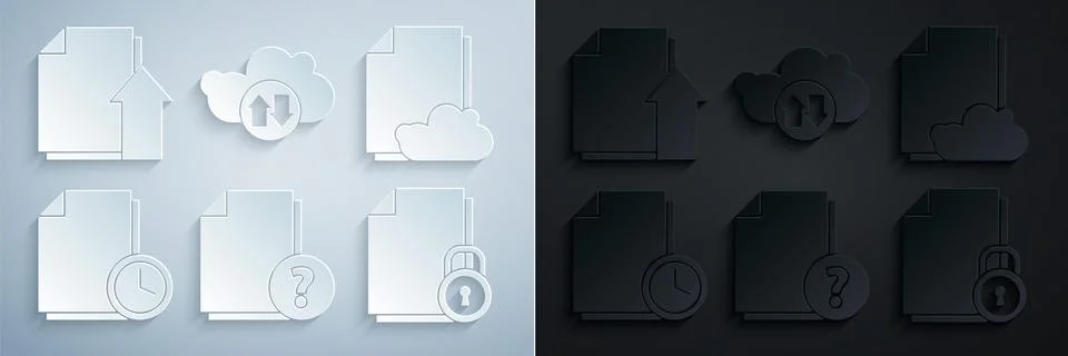 Set Unknown document, Cloud storage text, Document with clock, and, download Stock Illustration