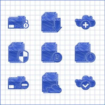 Set Unknown document, Cloud storage text, with check mark, Document clock Stock Illustration