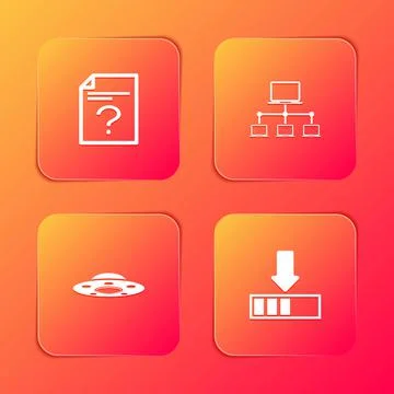 Set Unknown document, Computer network, UFO flying spaceship and Loading icon Illustrazione stock