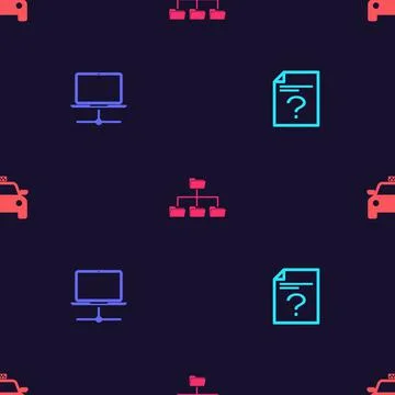 Set Unknown document, Computer network, Folder tree and Taxi car on seamless Stock Illustration