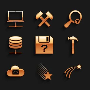 Set Unknown document, Falling star, , Hammer, Cloud mail server and Server, Data Illustrazione stock