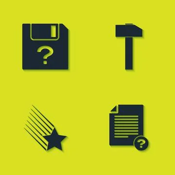 Set Unknown document, , Falling star and Hammer icon. Vector Stock Illustration