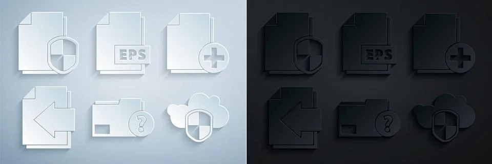 Set Unknown document folder, Add new file, Next page arrow, Cloud and shield Stock Illustration