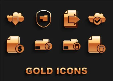 Set Unknown document folder, Cloud with check mark, Delete file, Finance, Next Stock Illustration