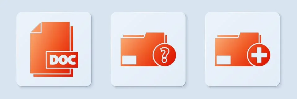 Set Unknown document folder, DOC file document and Add new folder. White square 스톡 일러스트
