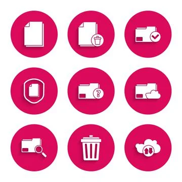 Set Unknown document folder, Trash can, Cloud download and upload, storage text Stock Illustration
