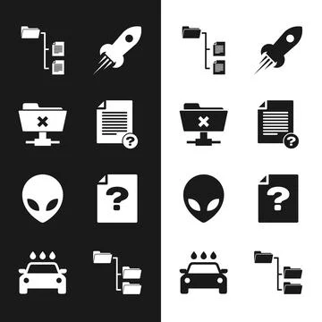 Set Unknown document, FTP cancel operation, Folder tree, Rocket ship with fire Stock Illustration
