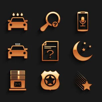 Set Unknown document, Police badge, Falling star, Moon and stars, Mail server Stock Illustration