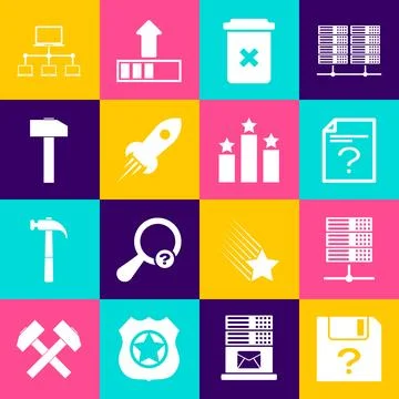 Set Unknown document, Server, Data, Web Hosting, , Trash can, Rocket ship w.. Stock Illustration