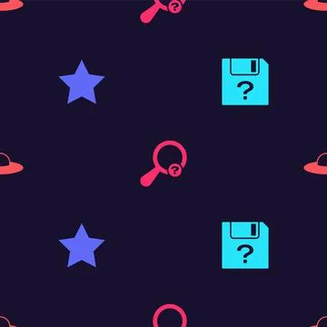 Set Unknown document, Star, search and UFO flying spaceship on seamless pattern Stock Illustration