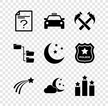 Set Unknown document, Taxi car, Two crossed hammers, Falling star, Cloud wi.. Stock Illustration