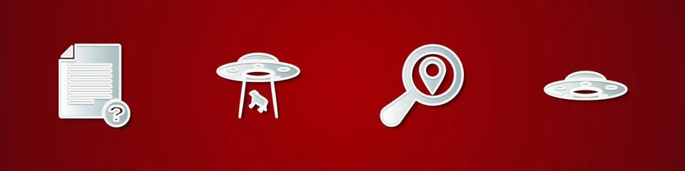 Set Unknown document, UFO abducts cow, Search location and flying spaceship i Stock Illustration