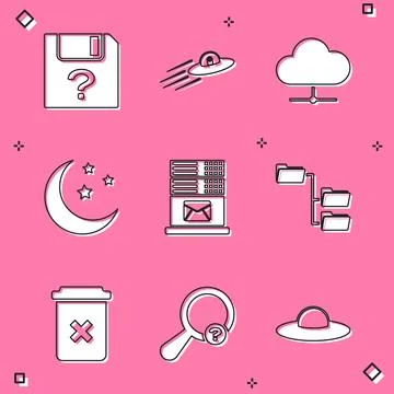 Set Unknown document, UFO flying spaceship and alien, Network cloud connection Stock Illustration