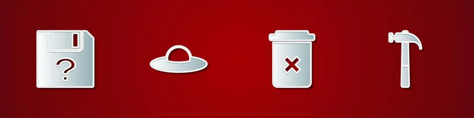 Set Unknown document, UFO flying spaceship, Trash can and Hammer icon. Vector イラスト素材