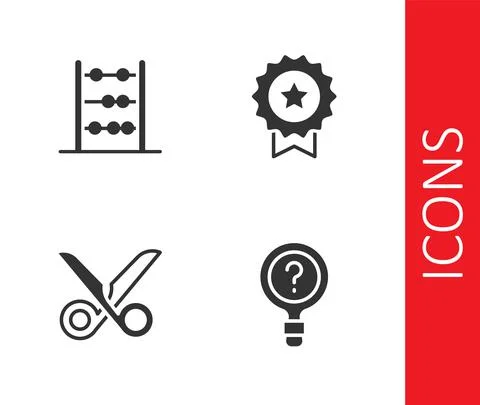 Set Unknown search, Abacus, Scissors and Medal with star icon. Vector Stock Illustration