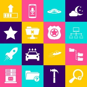 Set Unknown search, Folder tree, Computer network, UFO flying spaceship, FTP Illustrazione stock