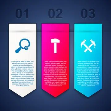 Set Unknown search, Hammer and Two crossed hammers. Business infographic temp Illustrazione stock
