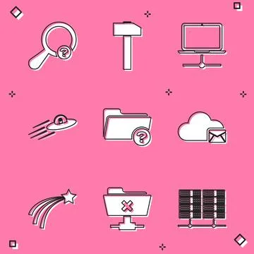 Set Unknown search, Hammer, Computer network, UFO flying spaceship and alien Stock Illustration